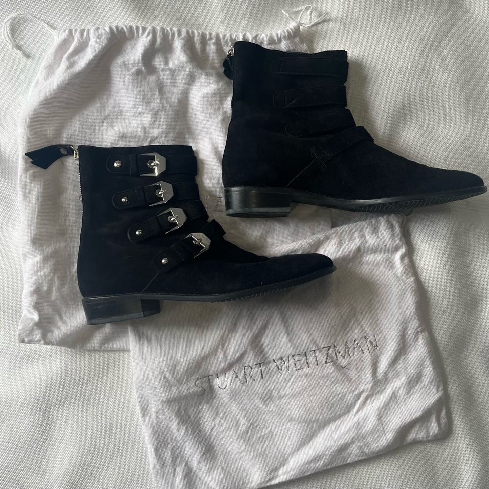 Stuart Weitzman Jitterbug Suede Moto Boot Black 7… - image 1